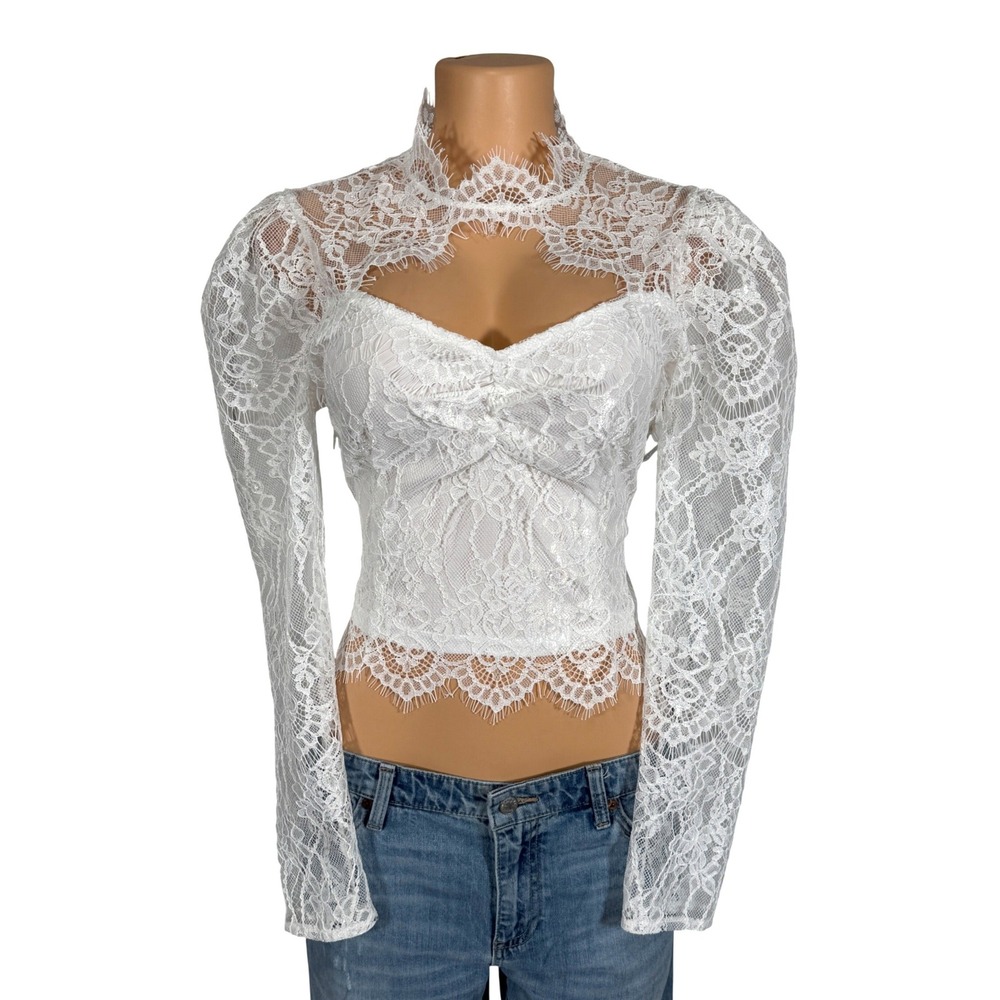 A.Peach White Lace High Neck Cutout Long Sleeve Top Blouse JT3353 Womens Medium